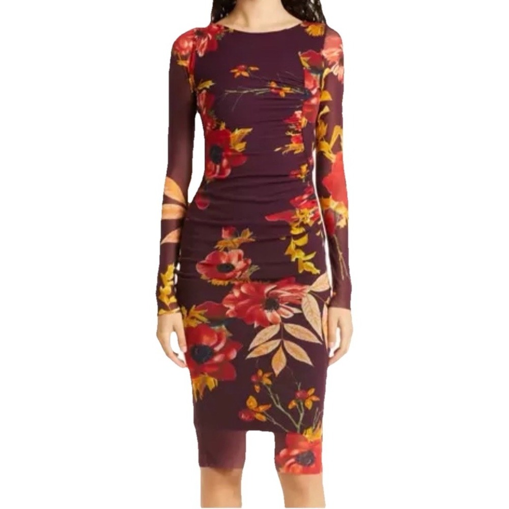 FUZZI Burgundy XL Semi Sheer Dark Romantic Floral Ruched Midi Abito Moody Dress